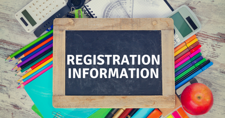 School Supplies under a chalkboard with the words Registration Information on it.