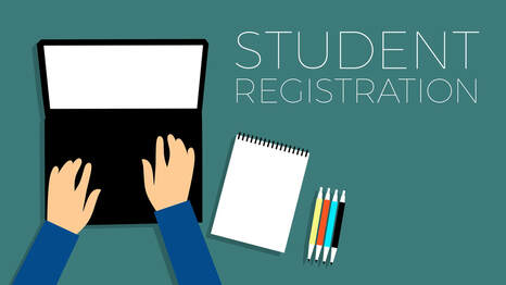 Hands typing on latop with paper and highlighters next to it with the words Student Registration at the top.